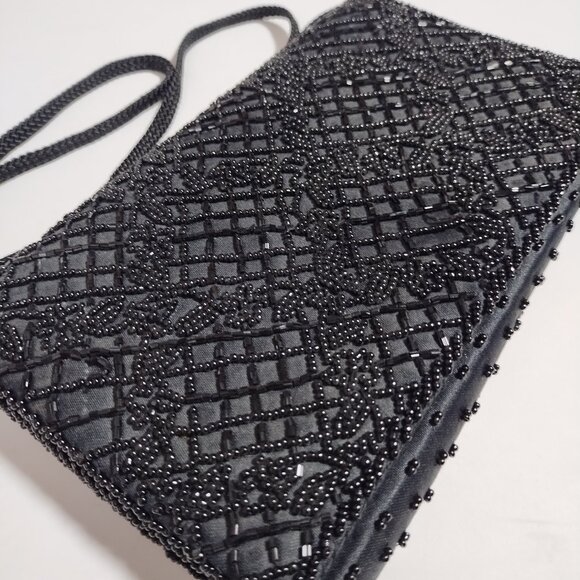 Vintage La Regale Handmade Black Beaded Small Evening Bag Handbag - Picture 1 of 12